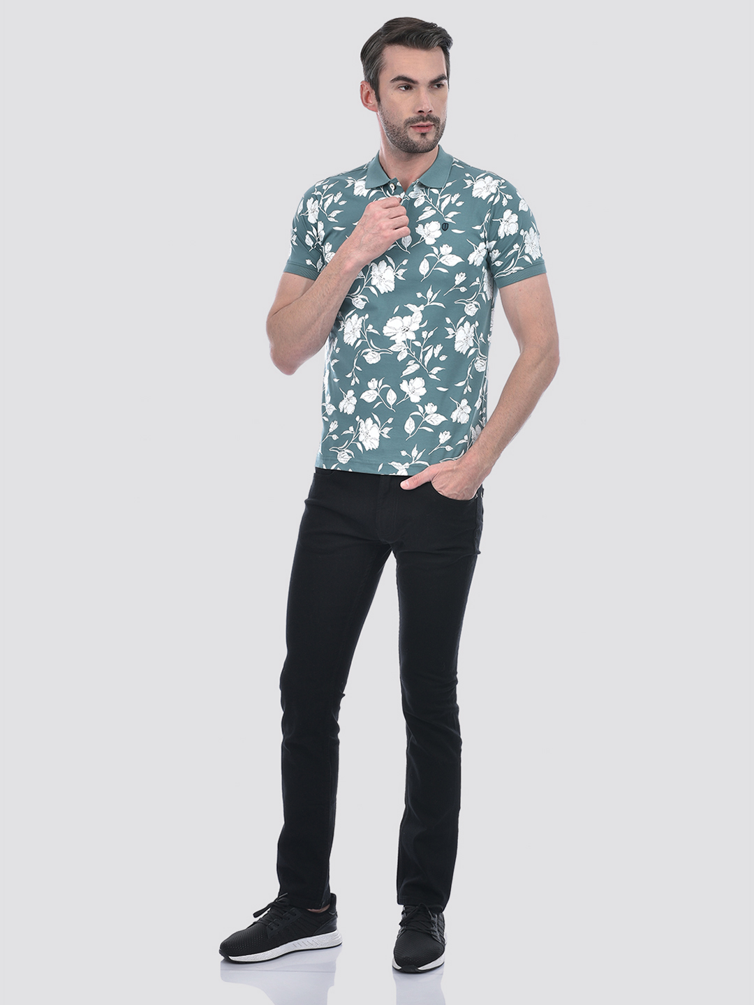 Numero Uno Men Teal Floral Polo T-Shirt